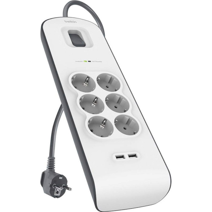 Мережевий фільтр BELKIN Surge Protector White, 6 розеток, 2xUSB, 2м (BSV604VF2M)