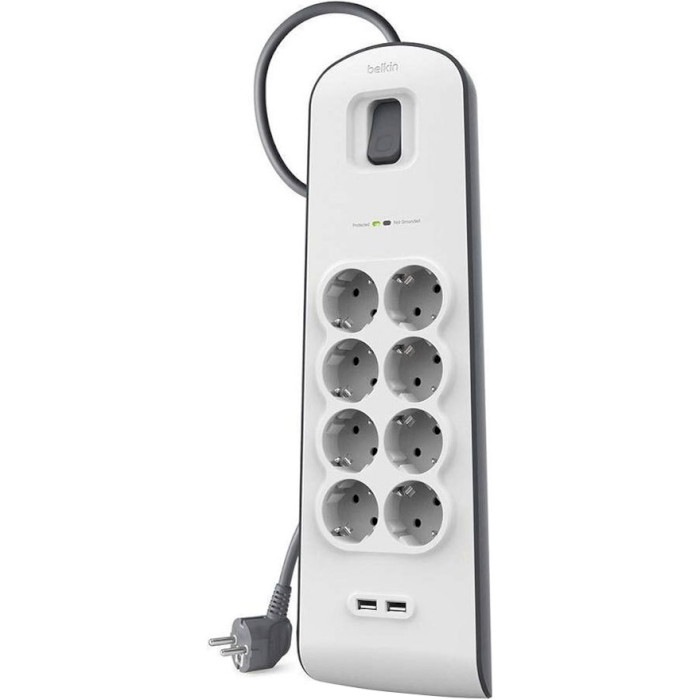 Мережевий фільтр BELKIN Surge Protector White, 8 розеток, 2xUSB, 2м (BSV804VF2M)