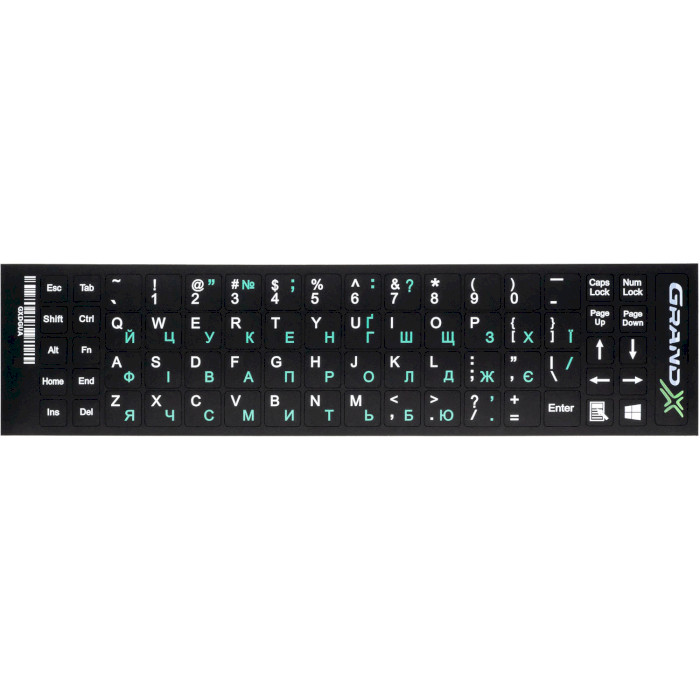 Наклейки на клавиатуру GRAND-X чёрные с зелёными и белыми буквами, EN/UA (GXDGUA)