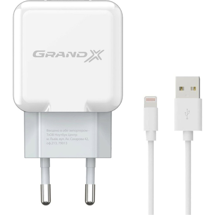Зарядний пристрій GRAND-X CH-03 1xUSB-A, 2.1A White w/Lightning cable (CH-03LTW)