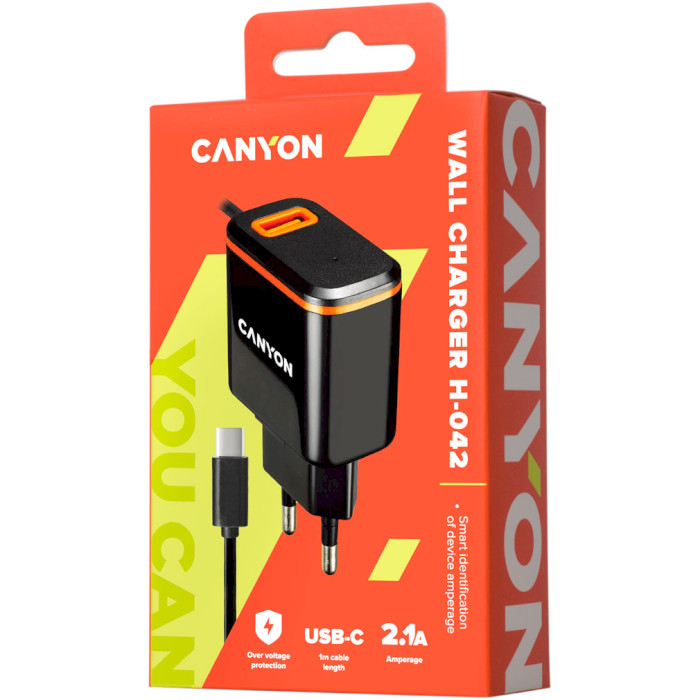 Зарядний пристрій CANYON H-042 1xUSB-A, 2.1A Black/Orange w/USB-C cable (CNE-CHA042BO)