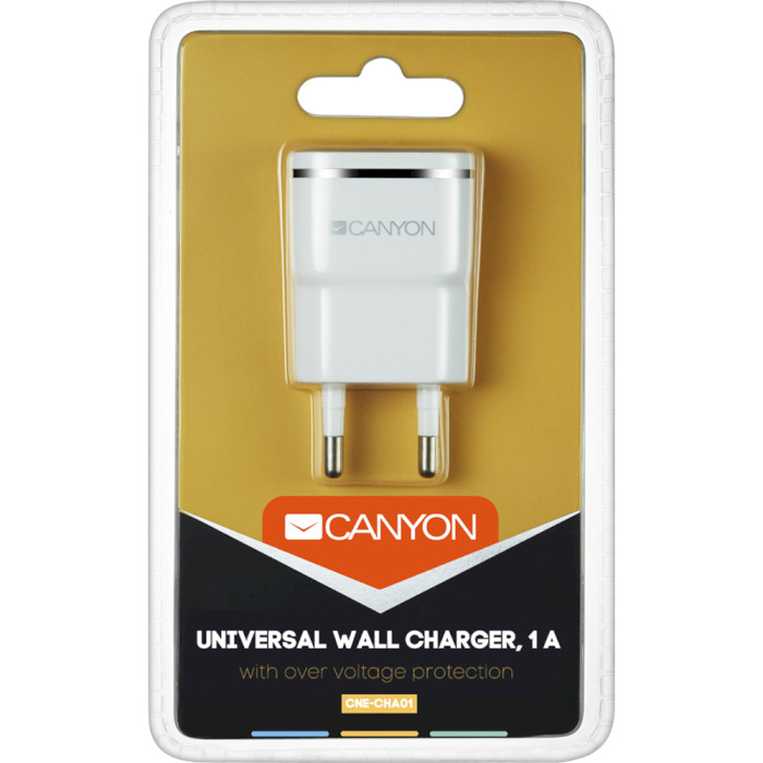 Зарядное устройство CANYON H-01 1xUSB-A, 1A White/Silver (CNE-CHA01WS)