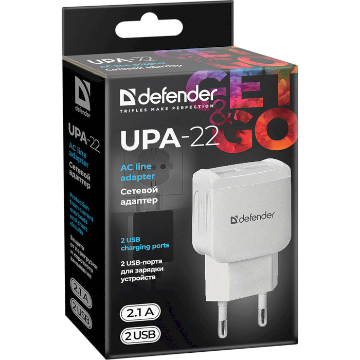 Зарядний пристрій DEFENDER UPA-22 2xUSB-A, 2.1A White (83580)