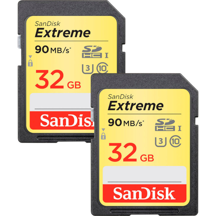 Набір з двох карт пам'яті SANDISK SDHC Extreme 32GB UHS-I V30 Class 10 (SDSDXVE-032G-GNCI2)