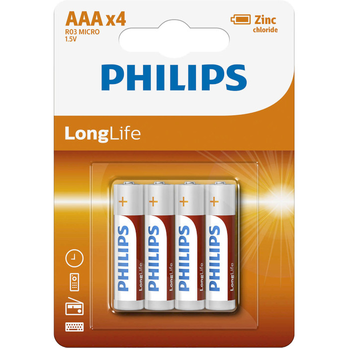 Батарейка PHILIPS LongLife AAA 4шт/уп (R03L4B/10)