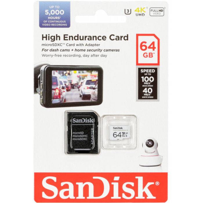 Карта памяти SANDISK microSDXC High Endurance 64GB UHS-I U3 V30 Class 10 + SD-adapter (SDSQQNR-064G-GN6IA)