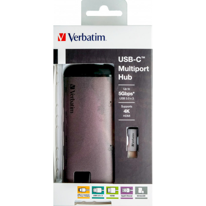 Порт-реплікатор VERBATIM USB-C Multiport Hub USB 3.0, HDMI, Gigabit Ethernet, CR (49142)