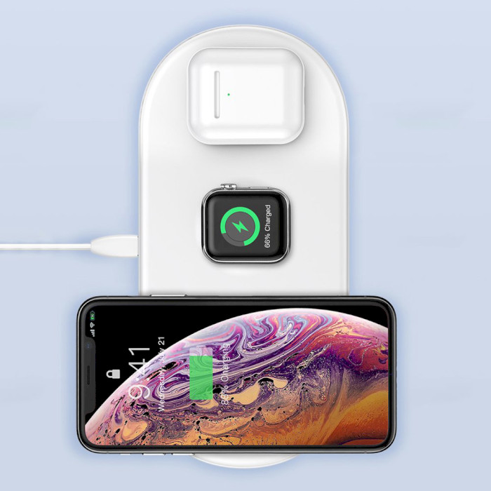 Беспроводное зарядное устройство BASEUS Smart 3-in-1 18W для Apple iPhone/Watch/AirPods White (WX3IN1-B02)