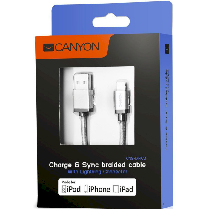 Кабель CANYON MFI-3 Charge & Sync Braided USB-A to Lightning 1м Dark Gray (CNS-MFIC3DG)