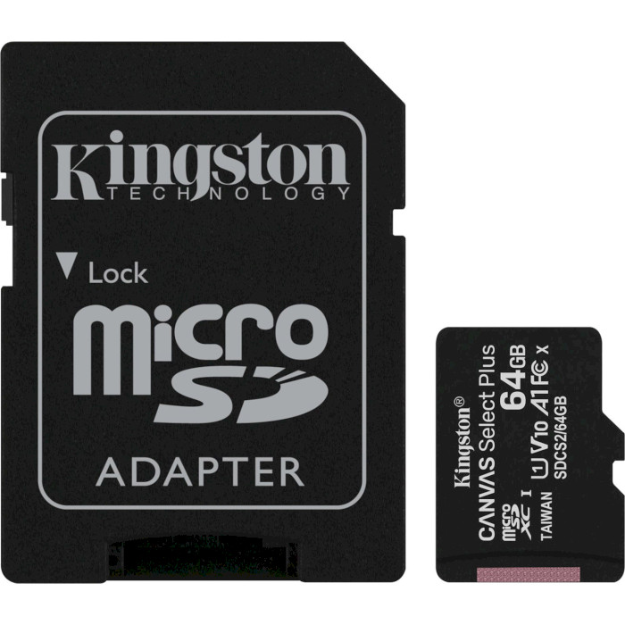 Карта памяти KINGSTON microSDXC Canvas Select Plus 64GB UHS-I V10 A1 Class 10 + SD-adapter (SDCS2/64GB)