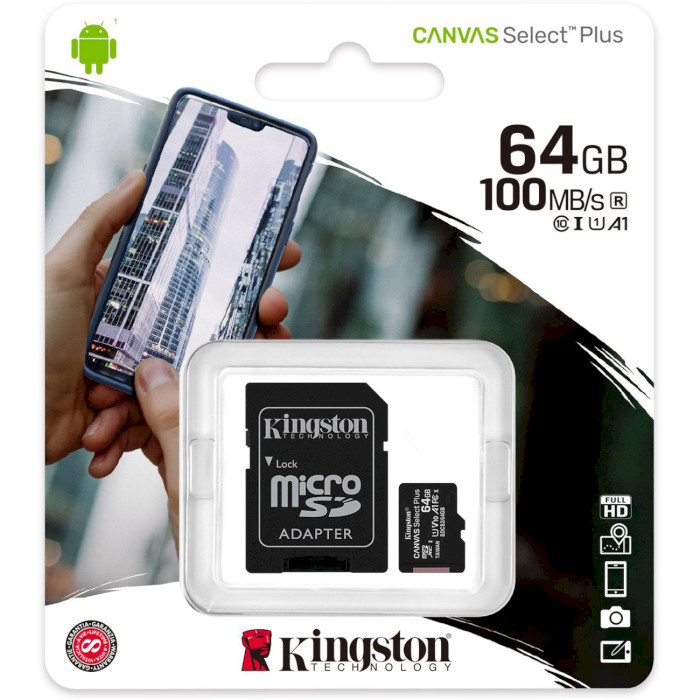 Карта памяти KINGSTON microSDXC Canvas Select Plus 64GB UHS-I V10 A1 Class 10 + SD-adapter (SDCS2/64GB)