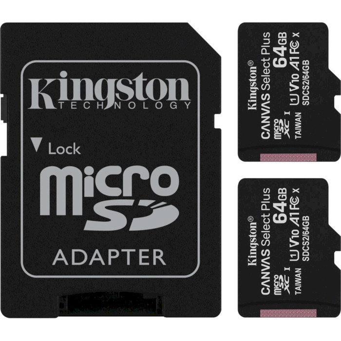 Набор из двух карт памяти KINGSTON microSDXC Canvas Select Plus 64GB UHS-I V10 A1 Class 10 + SD-adapter (SDCS2/64GB-2P1A)