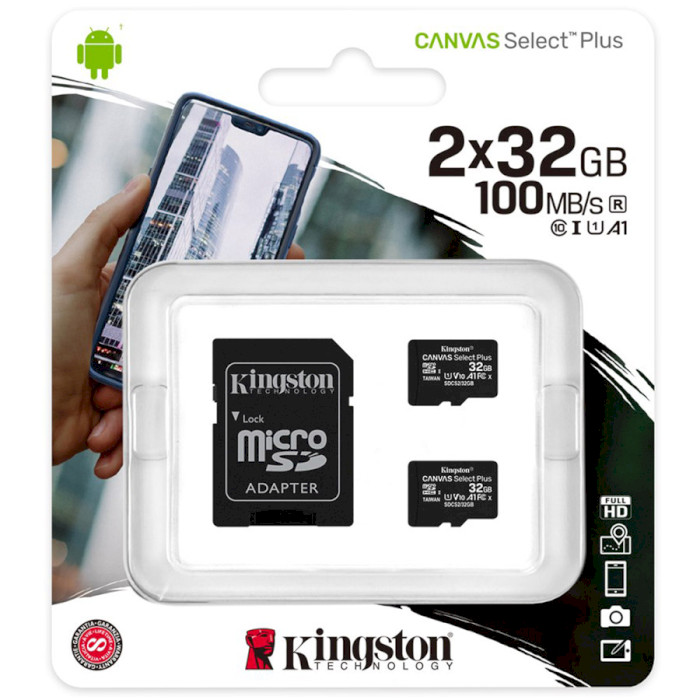 Набор из двух карт памяти KINGSTON microSDHC Canvas Select Plus 32GB UHS-I V10 A1 Class 10 + SD-adapter (SDCS2/32GB-2P1A)