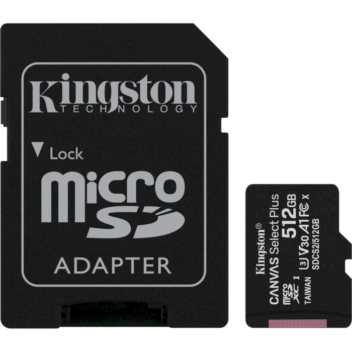 Карта пам'яті KINGSTON microSDXC Canvas Select Plus 512GB UHS-I U3 V30 A1 Class 10 + SD-adapter (SDCS2/512GB)