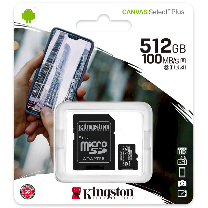 Карта памяти KINGSTON microSDXC Canvas Select Plus 512GB UHS-I U3 V30 A1 Class 10 + SD-adapter (SDCS2/512GB)