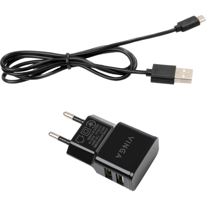 Зарядний пристрій VINGA 2 Port USB Wall Charger 2.1A Black w/Micro-USB cable (VCPWCH2USB2ACMBK)