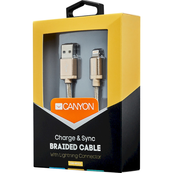 Кабель CANYON MFI-3 Charge & Sync Braided USB-A to Lightning 1м Gold (CNS-MFIC3GO)