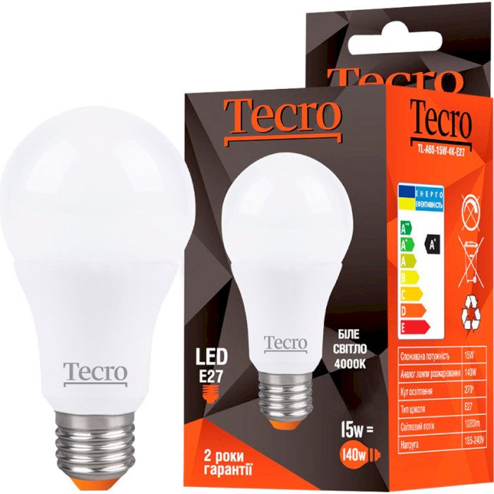 Лампочка LED TECRO A60 E27 15W 4000K 220V (TL-A60-15W-4K-E27)
