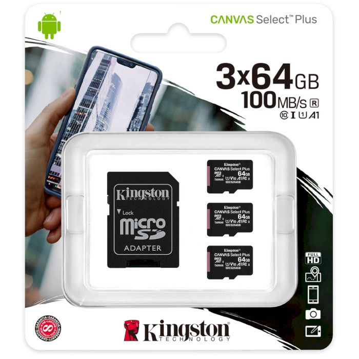 Набор из трёх карт памяти KINGSTON microSDXC Canvas Select Plus 64GB UHS-I V10 A1 Class 10 + SD-adapter (SDCS2/64GB-3P1A)