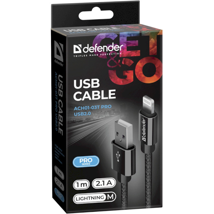 Кабель DEFENDER ACH01-03T PRO USB2.0 AM/Apple Lightning Black 1м (87808)