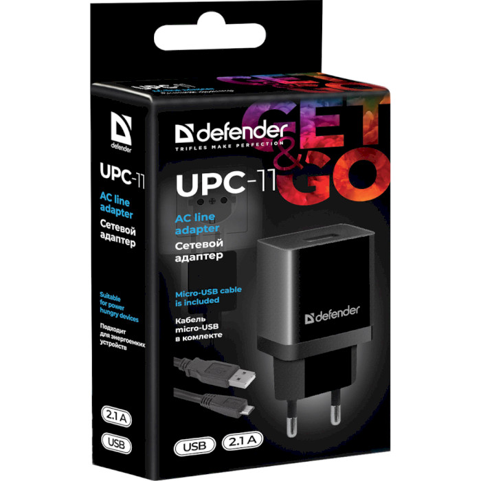 Зарядний пристрій DEFENDER UPC-11 1xUSB 5V/2.1A Black w/Micro-USB cable (83556)