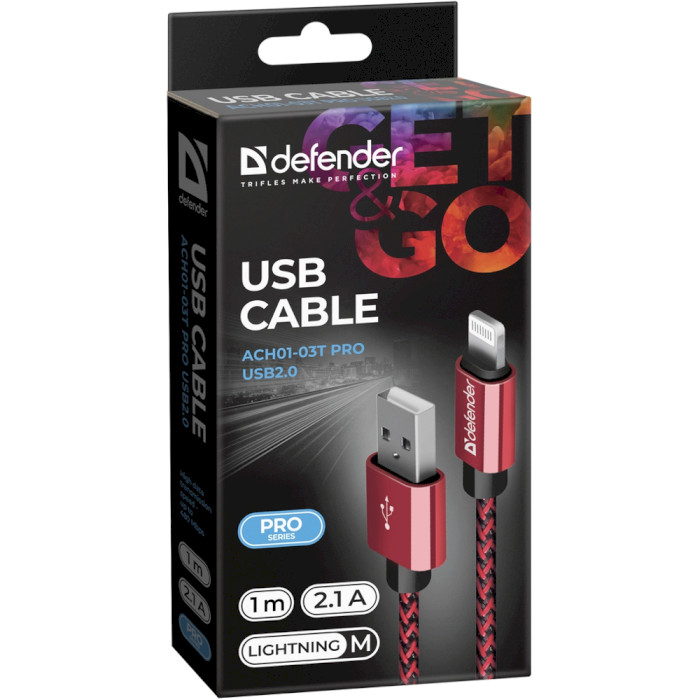 Кабель DEFENDER ACH01-03T PRO USB2.0 AM/Apple Lightning Red 1м (87807)