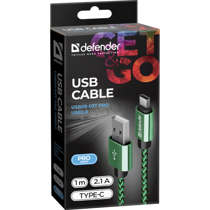 Кабель DEFENDER USB 2.0 AM to Type-C USB09-03T Pro 1м Green (87816)