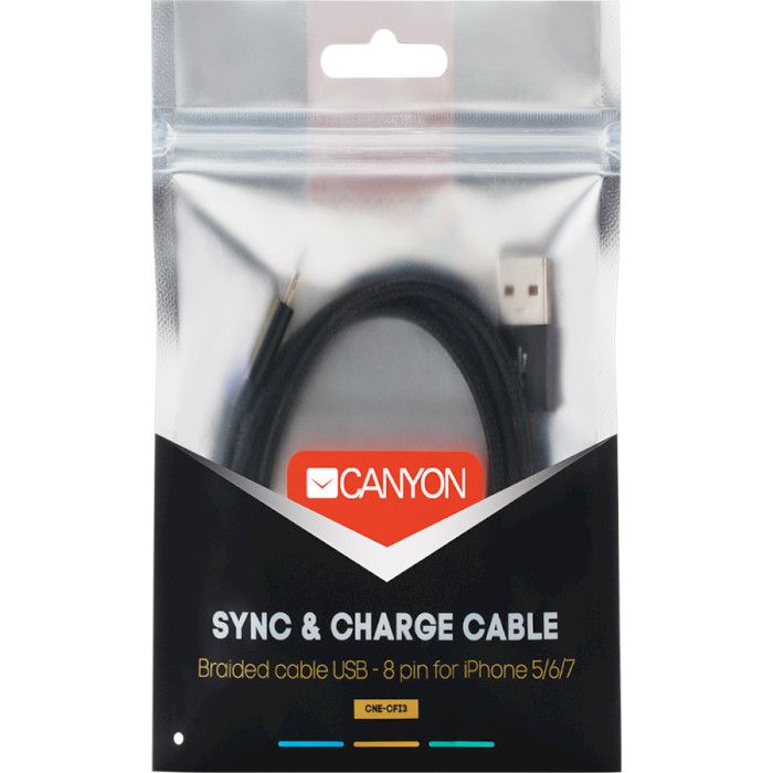 Кабель CANYON Sync & Charge Braided Apple Lightning 1м Black (CNE-CFI3B)