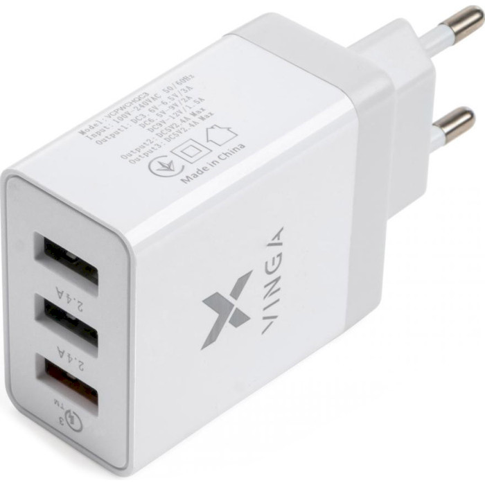 Зарядний пристрій VINGA 3 Port USB Charger QC3.0 + 2x2.4A 30W White (VCPWCHQC3)