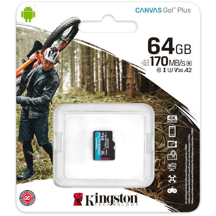 Карта пам'яті KINGSTON microSDXC Canvas Go! Plus 64GB UHS-I U3 V30 A2 Class 10 (SDCG3/64GBSP)