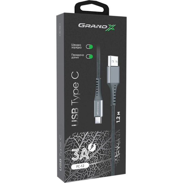 Кабель GRAND-X USB Type-C FC-12G 3A Fast Сharge Grey 1.2м