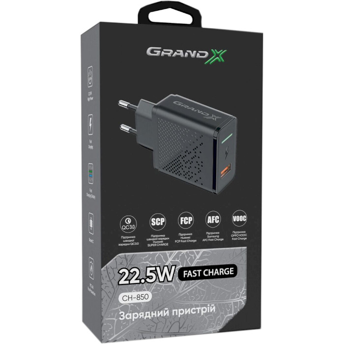 Зарядное устройство GRAND-X CH-850 1xUSB-A, QC3.0, 22.5W Black