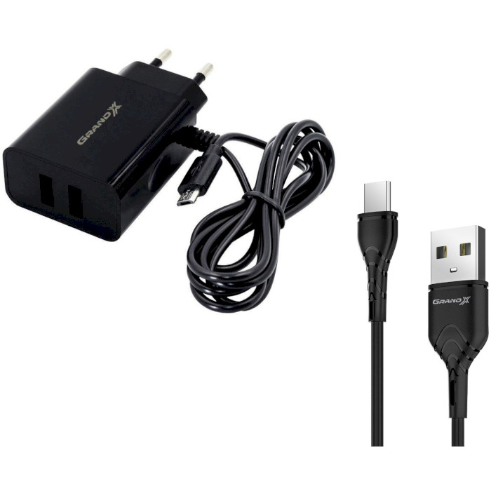 Зарядное устройство GRAND-X CH-65 2xUSB-A, 3.1A Black w/Micro-USB & USB-C cables (CH65T)