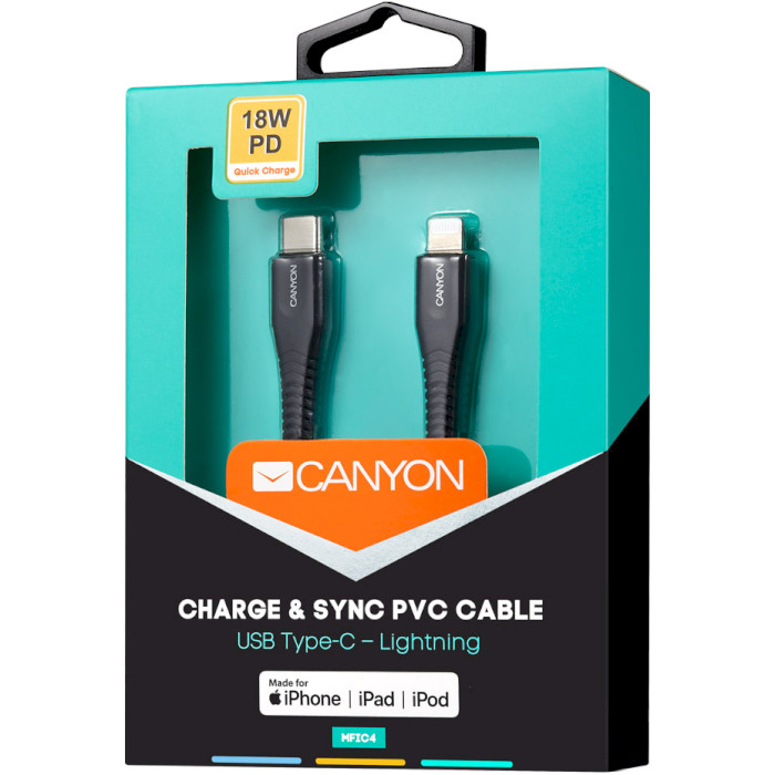 Кабель CANYON MFI-4 Charge & Sync USB-C to Lightning 1.2м Black (CNS-MFIC4B)