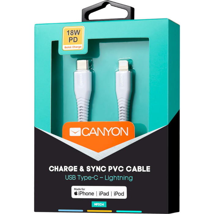 Кабель CANYON MFI-4 Charge & Sync USB-C to Lightning 1.2м White (CNS-MFIC4W)
