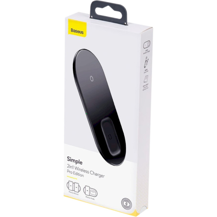 Бездротовий зарядний пристрій BASEUS Simple 2-in-1 Wireless Charger 15W Pro Edition Black (WXJK-C01)