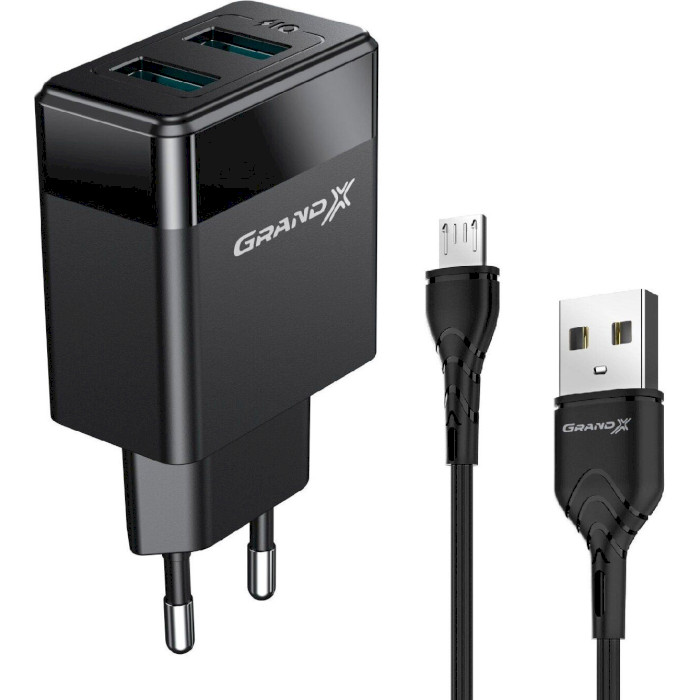 Зарядний пристрій GRAND-X CH-50 2xUSB-A, 2.4A Black w/Micro-USB cable (CH-50U)