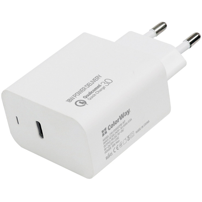 Зарядний пристрій COLORWAY 1xUSB-C, PD2.0, QC3.0, 18W White (CW-CHS022PD-WT)