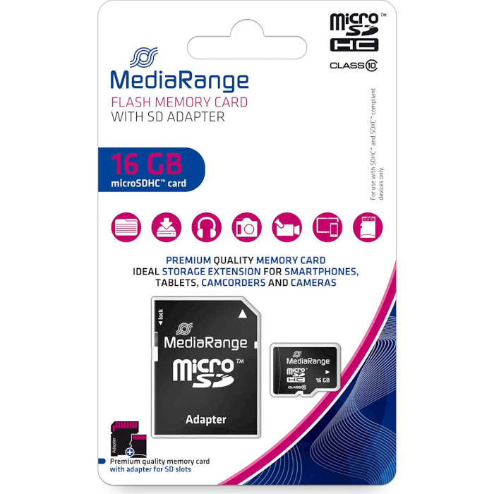 Карта пам'яті MEDIARANGE microSDHC 16GB Class 10 + SD-adapter (MR958)