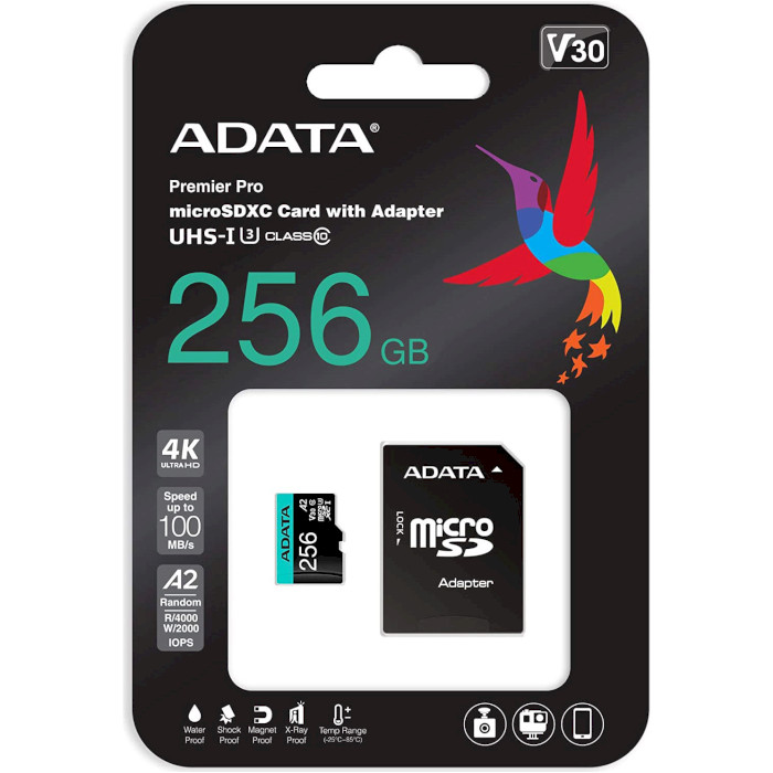 Карта памяти ADATA microSDXC Premier Pro 256GB UHS-I U3 V30 A2 Class 10 + SD-adapter (AUSDX256GUI3V30SA2-RA1)