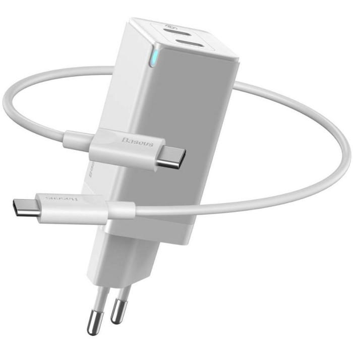 Зарядное устройство BASEUS GaN2 Mini Quick Charger C+C 45W White w/Type-C to Type-C cable (CCGAN-M02)