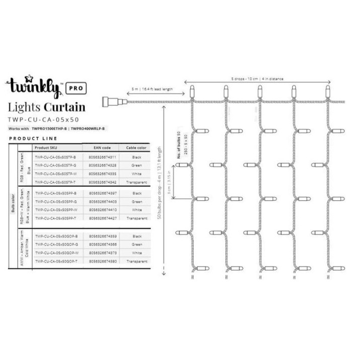 Smart LED гірлянда TWINKLY PRO Curtain RGBW 250 Special Edition IP65 Transparent Cable (TWP-CU-CA-05X50SPP-T)