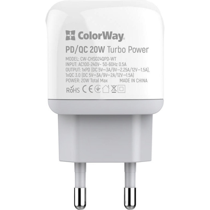 Зарядний пристрій COLORWAY 1xUSB-C, 1xUSB-A, PD2.0, QC3.0, 18W White (CW-CHS024QPD-WT)