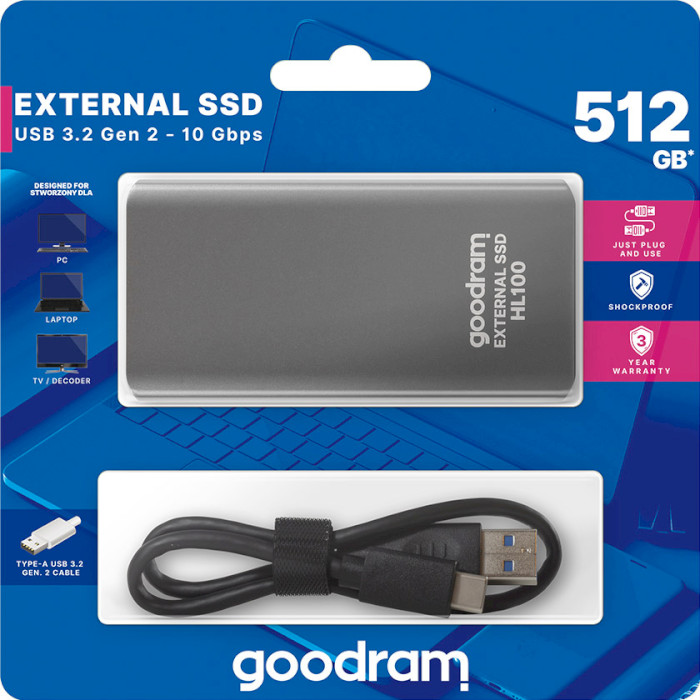 Портативний SSD диск GOODRAM HL100 512GB USB3.2 Gen1 (SSDPR-HL100-512)
