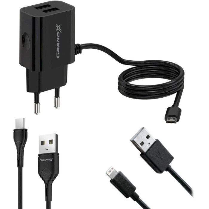Зарядное устройство GRAND-X CH-65 2xUSB-A, 3.1A Black w/Micro-USB & Lightning & USB-C cables (CH-65LT)