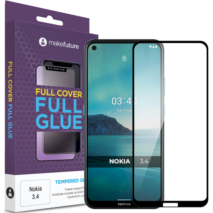 Защитное стекло MAKE Full Cover Full Glue для Nokia 3.4 (MGF-N34)