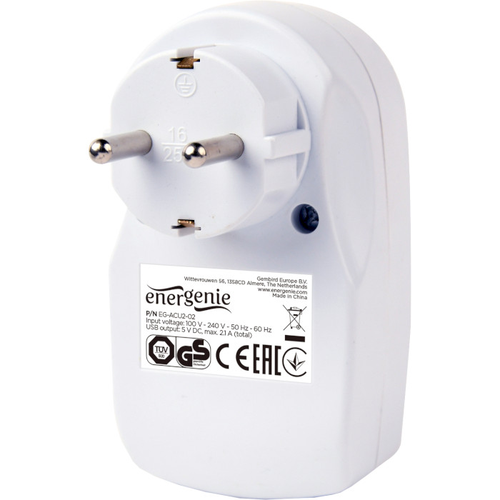 Зарядний пристрій ENERGENIE 2xUSB-A, 2.1A White (EG-ACU2-02)