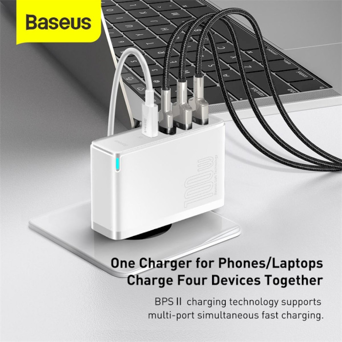 Зарядний пристрій BASEUS GaN2 Q.Charger C+U 100W White w/Type-C to Type-C cable (CCGAN2P-L02)
