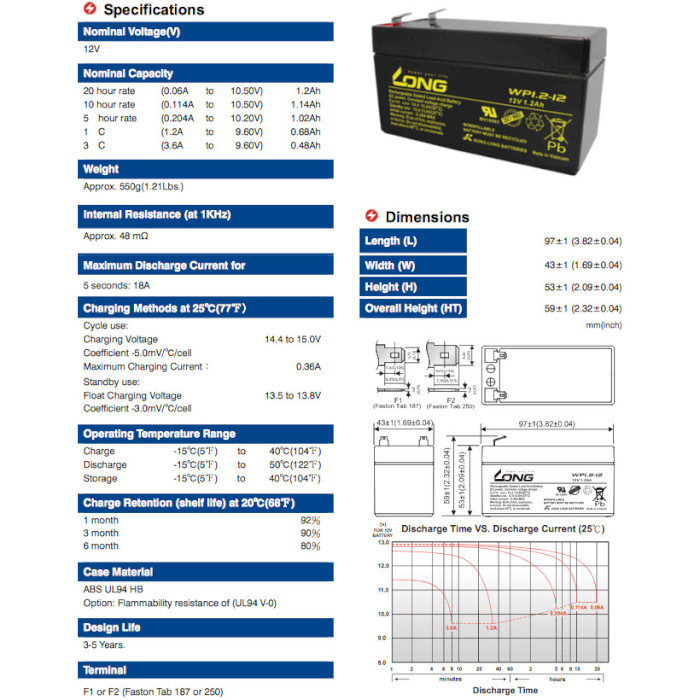 Акумуляторна батарея KUNG LONG WP1.2-12 (12В, 1.2Агод)