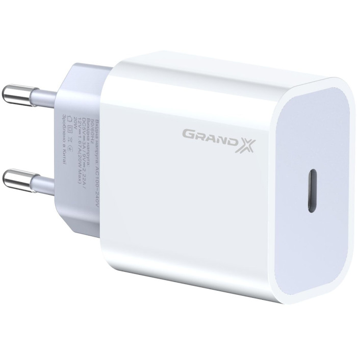 Зарядное устройство GRAND-X CH-770 1xUSB-C, PD3.0, QC4.0, 20W White w/Type-C to Lightning cable (CH-770L)